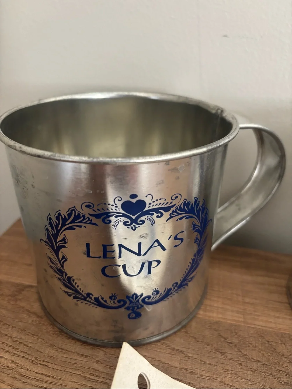 Vintage Ole's Cup & Lena's Cup Metal Mugs - Blue Cottage Tea Set